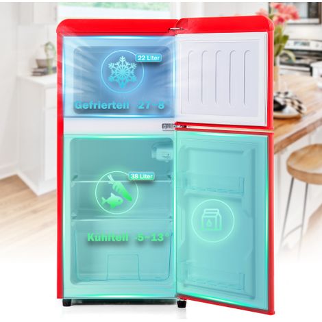 Réfrigérateur rétro 2 portes 60 L LED rouge premium classe énergétique E
