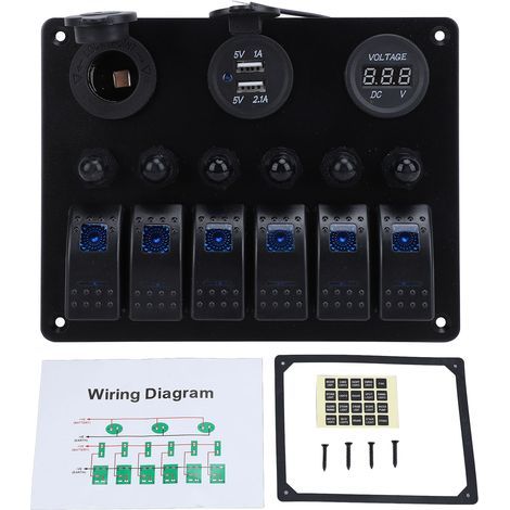 Generic Panneau de Commutateur à Bascule de 6 Gangs, Voltmètre Numérique Affichage Marin Boat Cluch Switch DC 12-24V Double Chargeur USB pour les Voitures Yachts VUS VUS (lumière bleue).