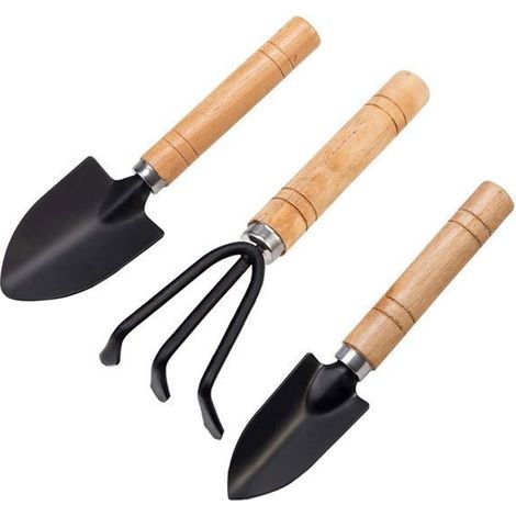 Mini-Gartenwerkzeuge - Set aus 3 Teilen: Pflanzhand, kleine Schaufel/Harke, Holzgriff - Gartenwerkzeuge
