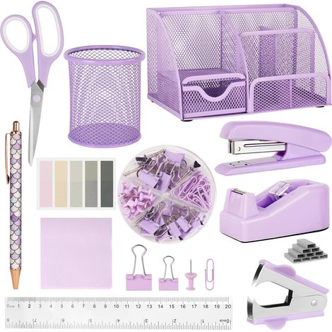 Ensemble de Fournitures de Bureau, Kit de Fournitures de Bureau avec Boîte de Rangement, Agrafeuse et Distributeur de Ruban Adhésif pour Filles, Règle, Ciseaux, Agrafes, Clips, Ciseaux (1/5)