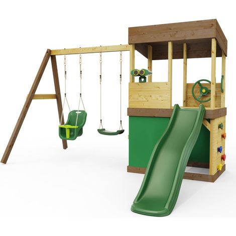 Rebo Lookout Tower with Double Swing, Wave Slide, Adventure and Den Packs (1/4)
