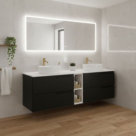 Meuble de salle de bain suspendu 140 cm, noir et blanc, plan de toilette, 4 tiroirs, étagère intégrée, sans vasque – MODERN