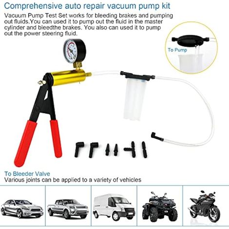 Pompe à Vide Manuelle, Purgeur de Frein testeur de Pompe à Vide Tenu dans la Main avec adaptateurs,Outil de Purge de Liquide de Frein pour Diagnostic de Moto de Voiture (1/4)