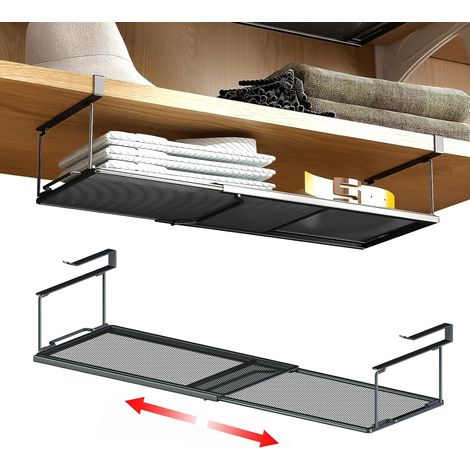 Cesta de almacenamiento colgante para debajo de estantes, organizador de estantes flotantes, cesta de almacenamiento expandible para debajo de armarios, despensa, lavadero, zapatero, negro (1/5)