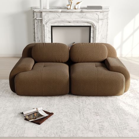 Canapé 2 Places en Velours Côtelé 208x103x75 cm – Sofa Modulable avec Accoudoirs Courbés, Base Antidérapante et Tissu Élastique, Idéal Salon, Marron