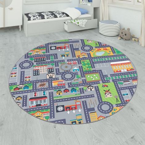 Paco Home Tapis De Jeu Tapis Pour Enfants Chambre D'Enfant Motifs Rues Avec Voiture, Gris Gris 160 cm rond (1/4)