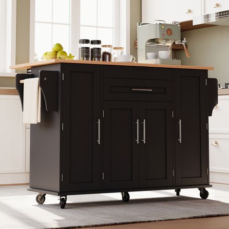 Ilot central de cuisine mobile - Plateau extensible - Avec étagère à épices et porte-serviettes - 2 tiroirs et 4 portes - MDF - Noir (1/5)