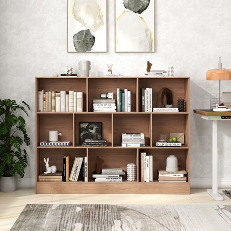 Bibliothèque Armoire à Livres 10 Cases 3 Niveaux Bois Naturel 140 cm Autoportante (1/3)