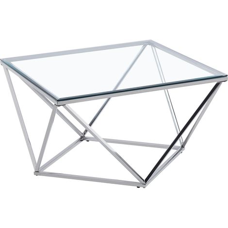 Table Basse ALINA Carrée Plateau Verre Trempé Transparent Pieds Chrome 80x80x45cm (1/5)