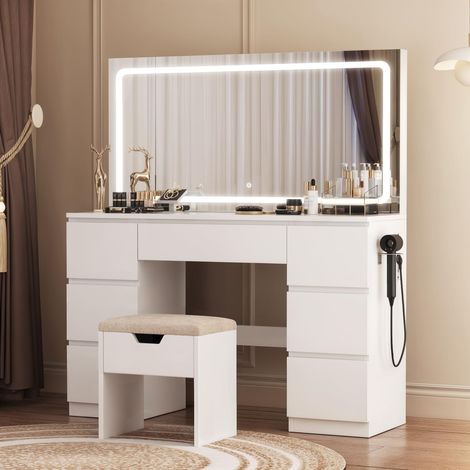 Coiffeuse avec Grand Miroir LED (115x60cm) et Tabouret Inclus, Table de Maquillage Moderne avec 7 Tiroirs, Station de Recharge et Éclairage Réglable, Meuble de Chambre à Coucher (Blanc) (1/5)