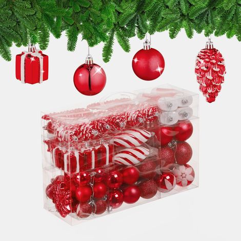 Boules de Noël, Lot de 72, en Plastique, Ornements de Sapin, cœurs, Bottes, Pommes de pin, Rouges (1/5)