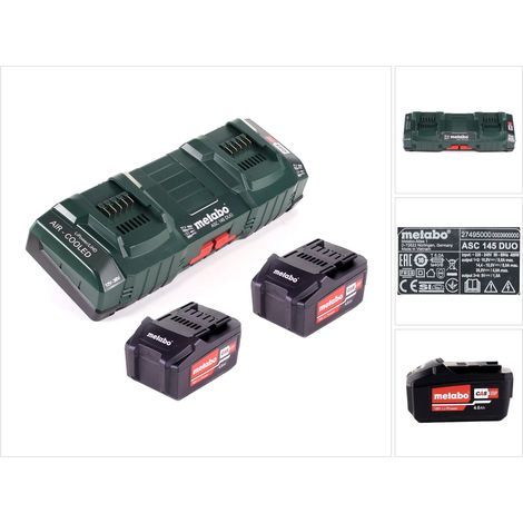 Metabo Basis Set 2x Li-Power Akkupack 18 V 4,0 Ah CAS Li-Ion Akku ( 2x 625591000 ) + Doppelladegerät ASC 145 DUO ( 627495000 )