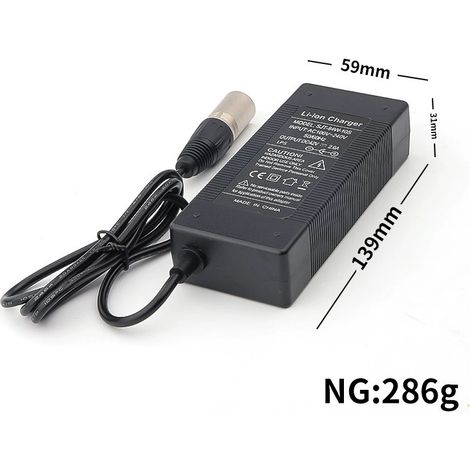 Le chargeur 36V délivre 42V 2A, utilise un connecteur XLRM à 4 broches et convient aux batteries au lithium 36V 10S pour vélos électriques. (1/2)