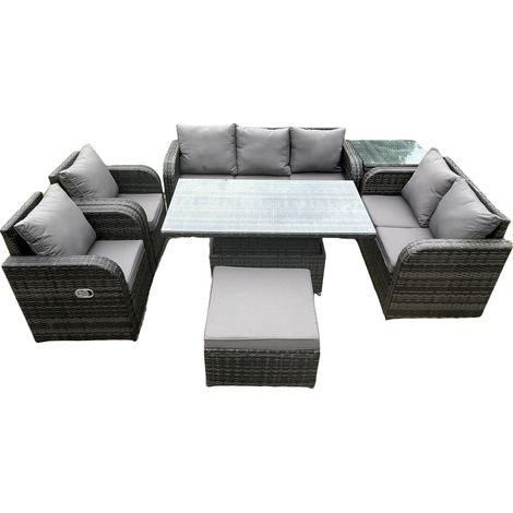 Fimous Meubles de jardin d'extérieur en rotin ensemble hauteur réglable table à manger table inclinable ensemble canapé avec table d'appoint grand repose-pieds gris foncé mix (1/5)