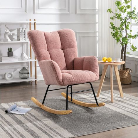 Sillón mecedora 80x70x95 cm rosa en Lammfell-Optik con respaldo alto acolchado (1/5)