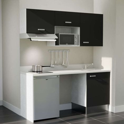 Kitchenette K55L - 180 cm - plan monobloc évier intégré Snova- évier à droite - Façades Noir + Electroménager inclus coloris Inox (1/5)