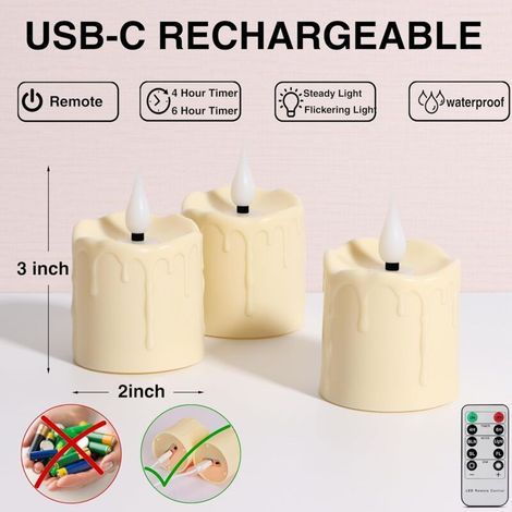 Bougies sans flamme rechargeables, avec télécommande et minuterie, bougies chauffe-plat LED réalistes à piles, lot de 6 fausses bougies électriques blanc chaud (chargement USB) (1/3)