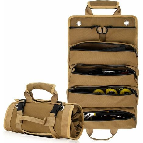 Sac à Outils Enroulable en Toile, Robuste Sac Porte-Outils pour Mécanicien/Électricien/Moto/Camion (Kaki) (1/4)