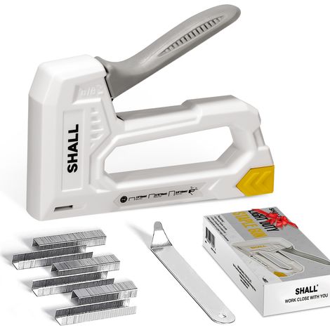 SHALL - Agrafeuse-Cloueuse à Main Légère (Blanc) pour Bois & Tissu - 1600 Agrafes JT21 (6mm, 8mm, 10mm) + Extracteur - Idéale Bricolage, Décoration, Ameublement (1/5)