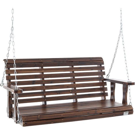 Balançoire de porche en bois, 1370x710x600 mm, banc de terrasse pour cour jardin, forte capacité de charge 400 kg, banc de balançoire avec chaîne de suspension pour extérieur, marron carbonisé (1/5)