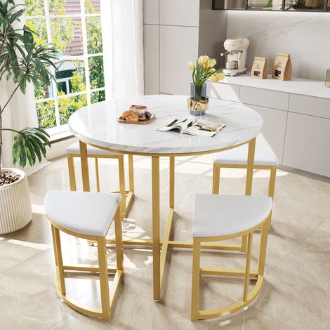 Set de comedor de 4 sillas con mesa redonda de MDF, sillas de terciopelo, estructura de metal dorado, blanco, para espacios pequeños y hogares modernos  CHICFURN (1/5)