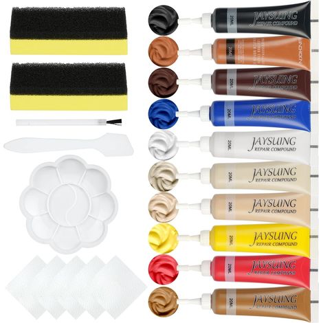 Kit de réparation pour cuir et vinyle, 10 couleurs miscibles, avec 10 accessoires pour réparer les rayures et les décolorations sur les meubles, canapés, sièges auto et vêtements en cuir. (1/5)
