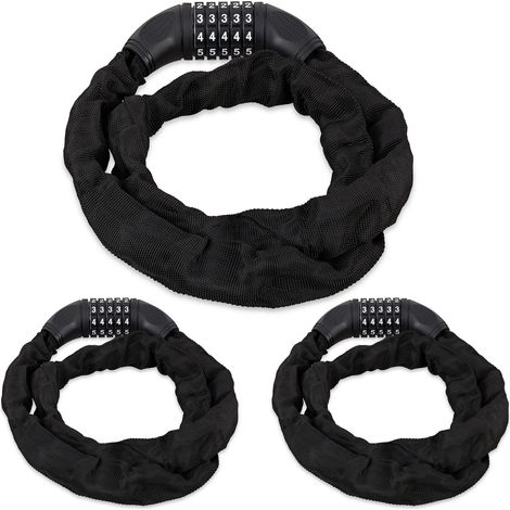 3x Lucchetto a Combinazione per Bicicletta, Catenaccio Sicurezza con Codice a 5 Cifre, in Acciaio, 120 cm, Nero
