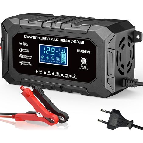 Husgw 15A Chargeur Batterie Voiture, 12V/24V Chargeur Batterie Lithium 8A, 9 Étapes de Charge avec Réparation, 10 Protection Maintien de Charge avec Batterie LiFePO4, pour Voiture Moto Camion AGM Gel (1/5)