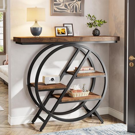 Tribesigns Console Table, 39.4-Inch Entryway Table with Thickened Tabletop, 4- Tier Industrial Narrow Hallway Sofa Table with Geometric Metal Frame for Living Room, Entryway (Rustic Brown) (1/5)