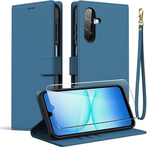Coque pour Samsung Galaxy A26 5G / Samsung Galaxy A17 avec 1 Morceau de Verre trempé, Housse en Cuir PU Premium, Étui à Rabat pour téléphone avec Fonction Portefeuille et Support - Bleu