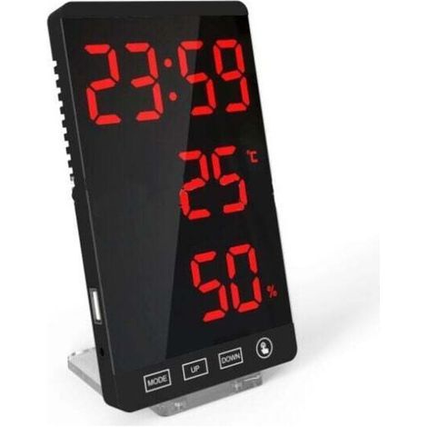 LED-Spiegeluhr, Thermometer und Hygrometer, elektronische Wetteruhr, Wecker, fette rote Schrift (1/5)