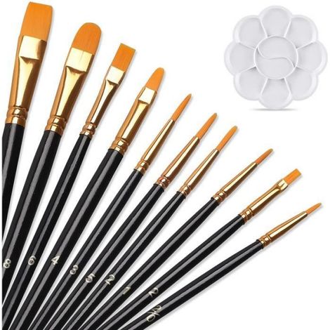 Pinceaux Acryliques - Lot de 10 - Palette Incluse - Pour Enfants et Débutants - Bois Nylon Aluminium (1/4)