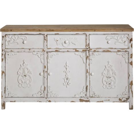 Made In Meubles – Buffet blanc en pin massif brossé – Dimensions 90x150x45 cm – Style vintage avec moulures décoratives – Poids 44 kg (1/5)