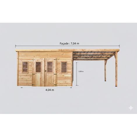 HABRITA Abri de jardin bois massif avec bûcher 14,02 m² - madriers 28 mm - toit monopente polycarbonate - double porte + fenêtres