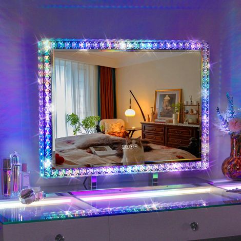 VANITII Miroir de courtoisie avec lecteur Bluetooth et fonction RVB,miroir cosmétique avec éclairage LED, miroir grand format,miroir cosmétique en cristal haut de gamme,blanc,80x60cm