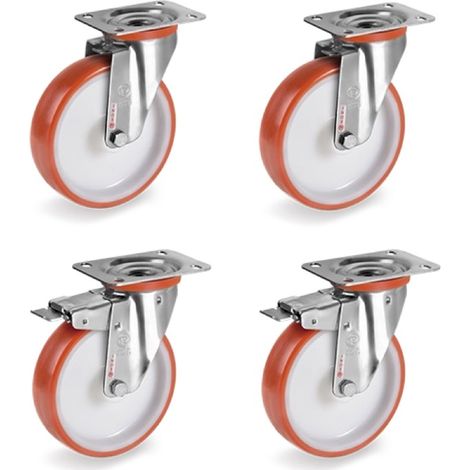 Lot de 4 roulettes INOX pivotantes et pivotantes à frein polyuréthane rouge 100 mm - 510Kg