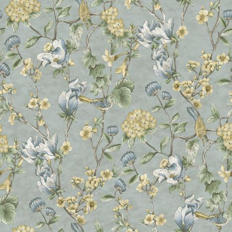 Floral Bird Trail Wallpaper Blue Green Flower Trees Leaves Natural Botanical (1/4)