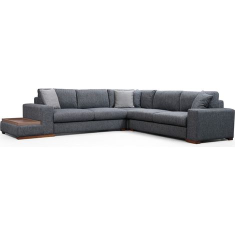 Canapé d'angle tissu anthracite avec étagère en bois sur la gauche Kaloé 323cm (1/5)