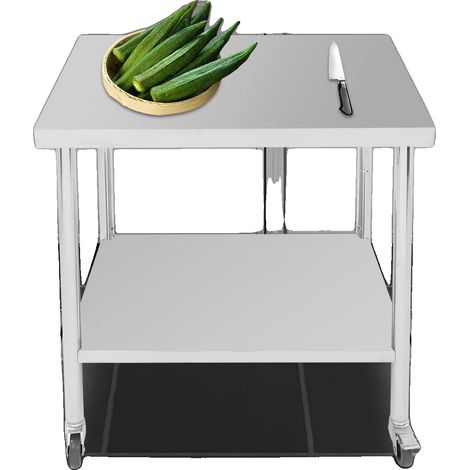 Mesa de trabajo de acero inoxidable, tablero de 5 cm de grosor, tubo redondo de 5 cm de diámetro, diseño robusto, ruedas incluidas, apta para uso doméstico y comercial. (1/5)