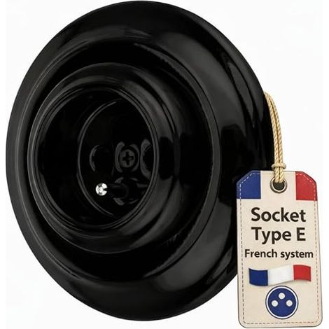 Prise de courant rétro encastrée en porcelaine, tout-en-un, série PR1 noir, type E, française (1/5)