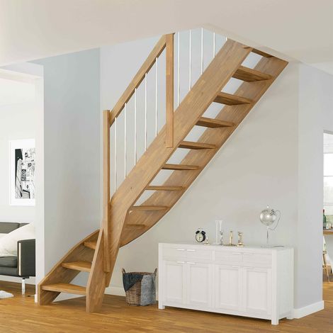 Dolle Raumspartreppe Faro 1/4-gewendelt 243-299cm GH 55-75cm breit Eiche unbehandelt Stabgeländer aus Edelstahl rund 16 mm
