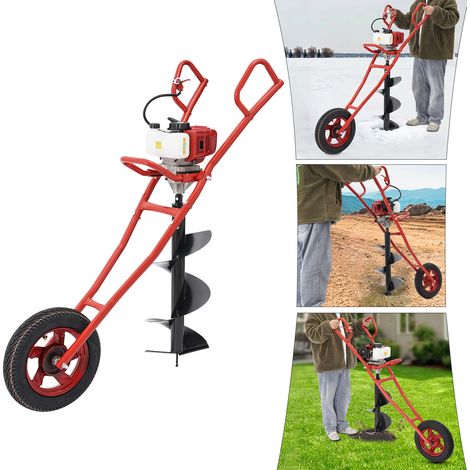 Tarière thermique 52 cc – Moteur 2 temps 1,46 kW – Mèche de forage 30 cm – Avec roue de transport – Pour poteaux de clôture, terrasses et plantations (1/5)