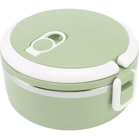 Boîte à lunch isotherme en acier inoxydable et silicone, ronde, perforée et respirante, avec poignée ergonomique, idéale pour l'école (vert foncé). (1/5)