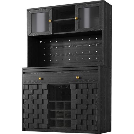 Mobile dispensa alto da cucina nero in MDF e acrilico con LED, prese USB, ripiani regolabili (1/5)