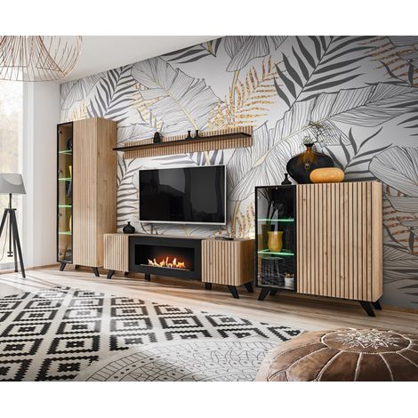 Ensemble de 4 meubles pour salon "Liam" en bois avec cheminée - Beige/noir - Eclairage LED - Livraison gratuite (1/5)