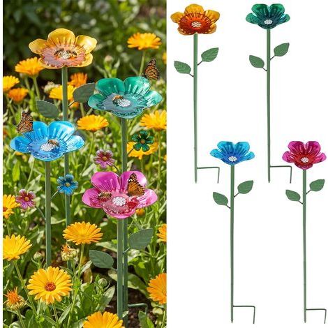 Lot de 4 abreuvoirs à abeilles - En métal - Motif floral - 63 cm - Abreuvoir coloré pour insectes volants - Abreuvoir décoratif coloré pour papillons - Point d'eau pour l'extérieur, jardin, cour (1/5)