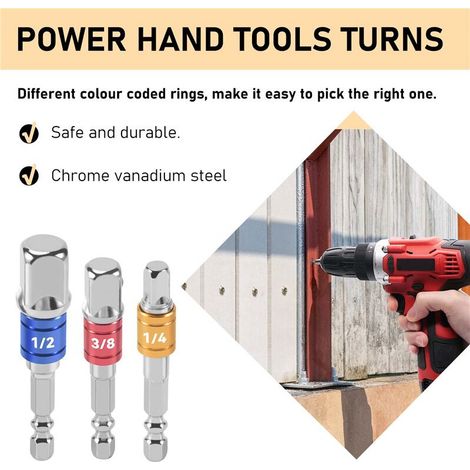 3 adaptateurs douille impact 1/4" 3/8" 1/2" tige hexagonale convertisseur coloré (1/5)