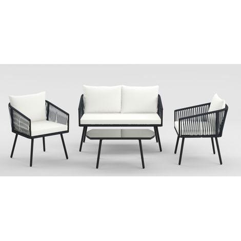Salon de Patio 4 Pièces, Ensemble Bistrot de Conversation Tissé en Corde PE avec Coussins et Table Basse en Verre Trempé, pour Jardin, Bord de Piscine