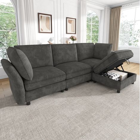 Modulares Ecksofa 225/137/84 cm in Grau aus Chenille mit Stauraum-Hocker, 4-Sitzer (1/5)