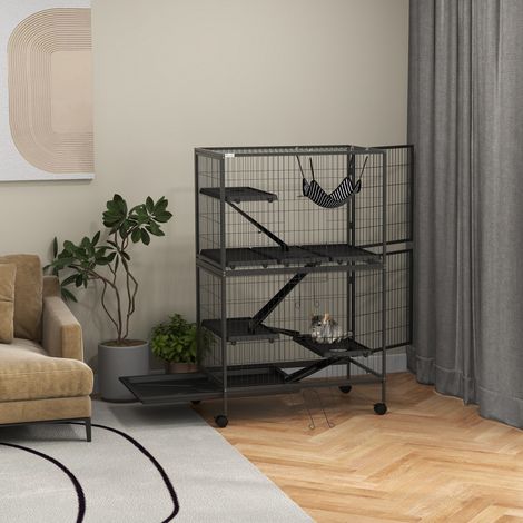 Gabbia per piccoli animali con ruote, rampe, amaca e vassoio rimovibile per cincillà e furetti, 80x52x128 cm, grigia